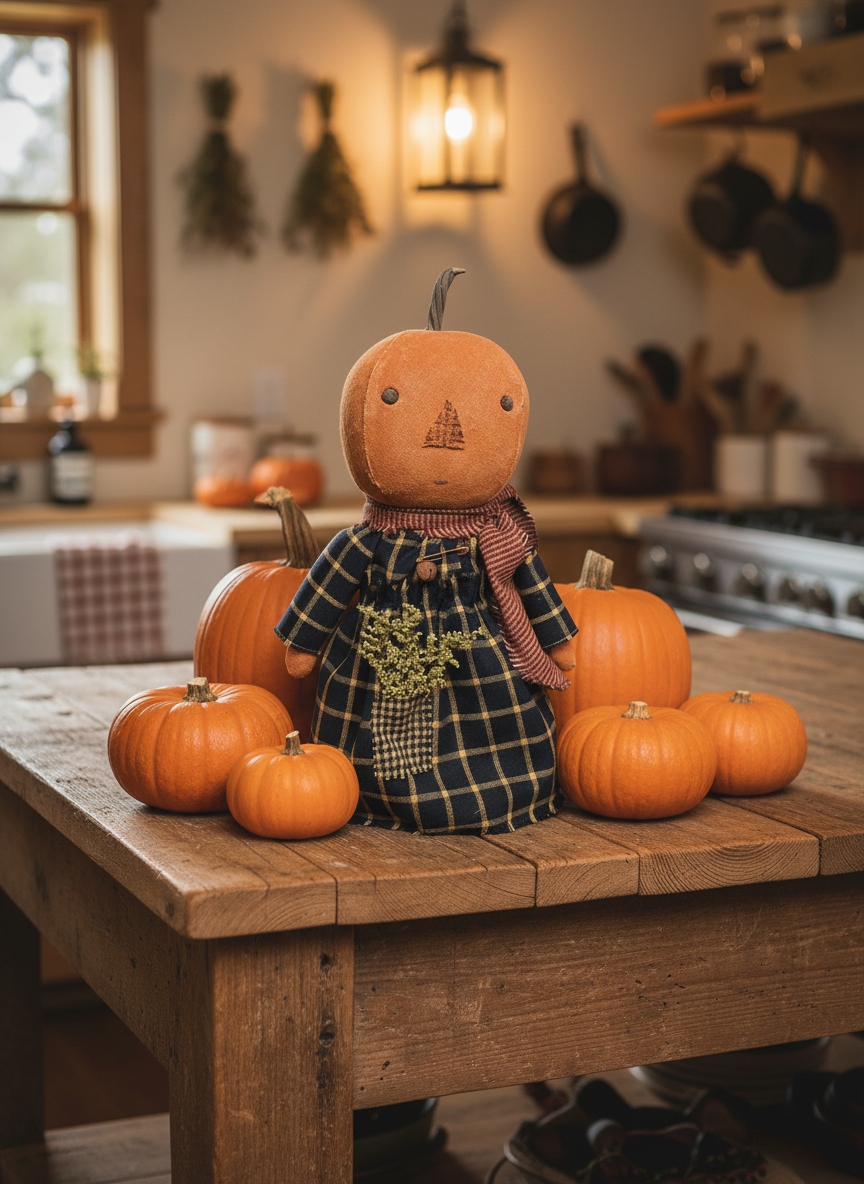Pumpkin character in a plaid dress surrounded by pumpkins on a wooden table in a kitchen.