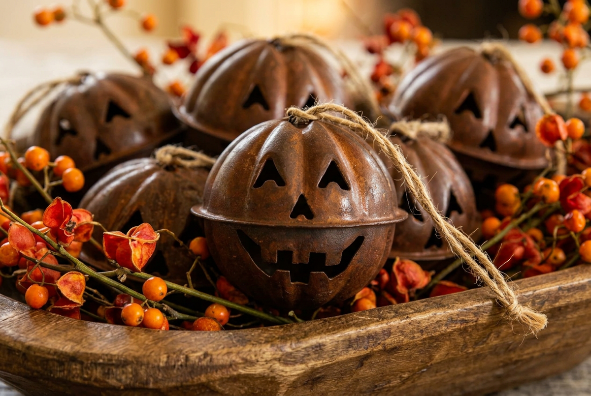 Pumpkin Jingle Bells in an antique wooden bowl with fresh bittersweet