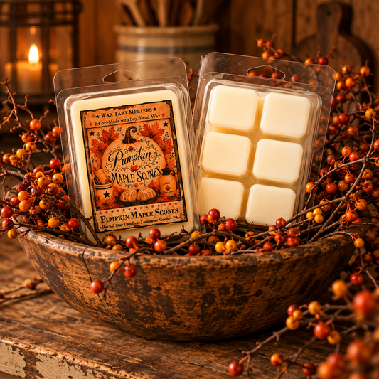 Two packages of Wax Farm Melters Pumpkin Maple Scented Wax melts displayed in a rustic wooden bowl surrounded by autumn berries and a warm candle in the background.