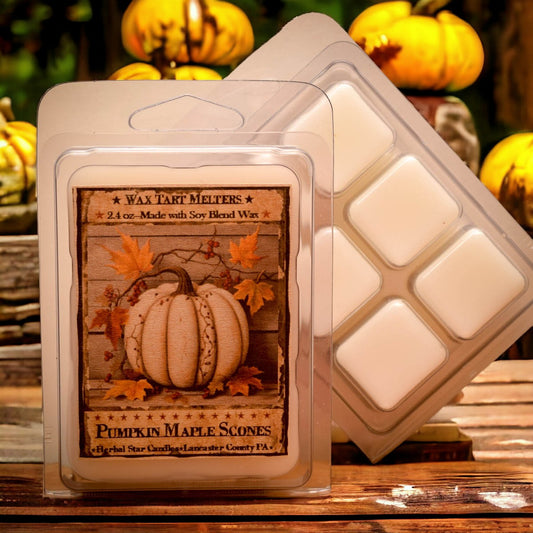 Clear packaging of wax melts with artwork featuring a white pumpkin, leaves and text