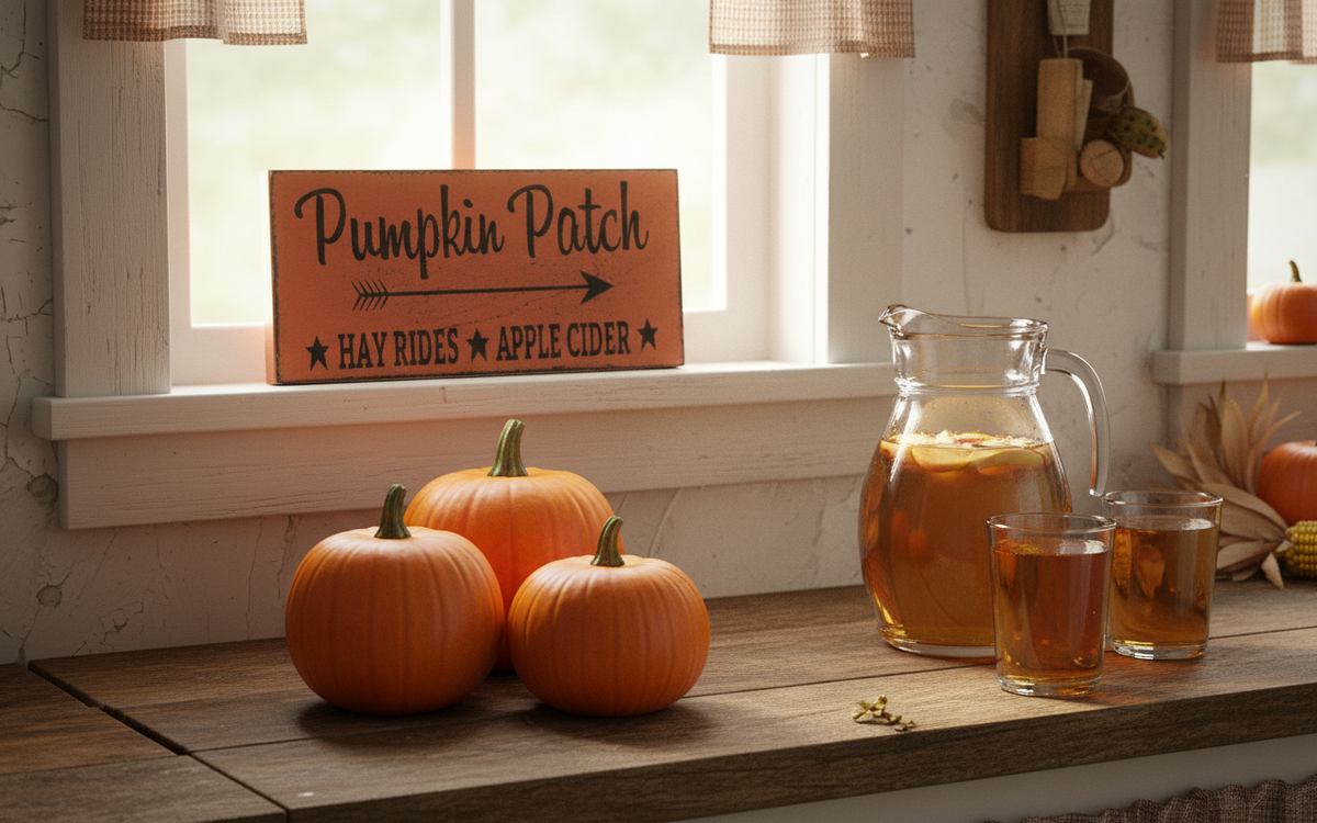 Autumn-themed decor with pumpkins, a pitcher of apple cider, and a 'Pumpkin Patch' sign.