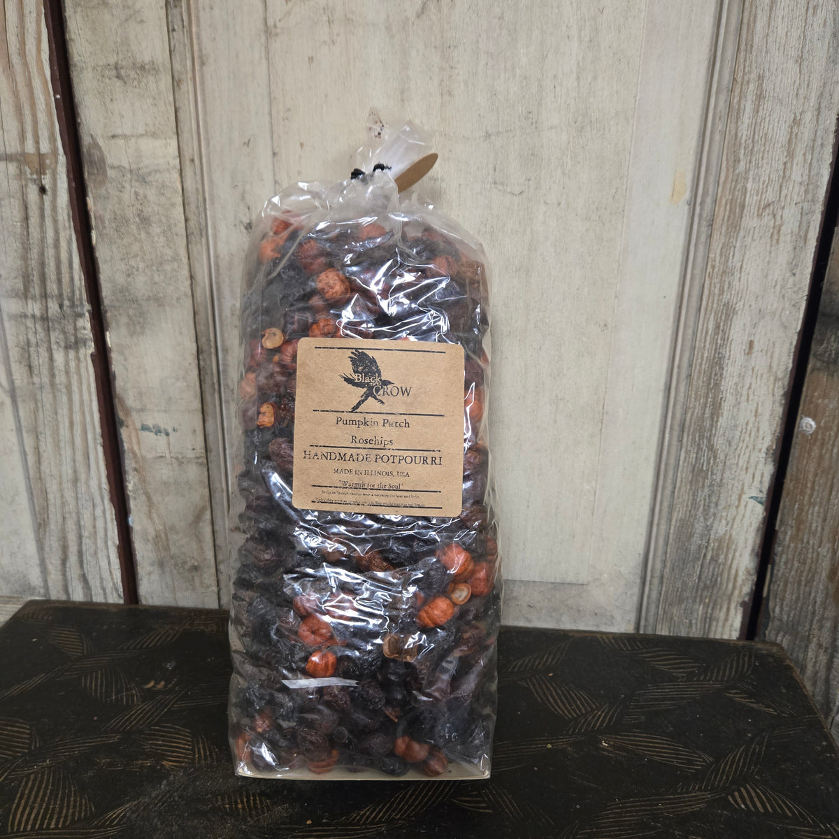 Packaged product with a label on a wooden surface
