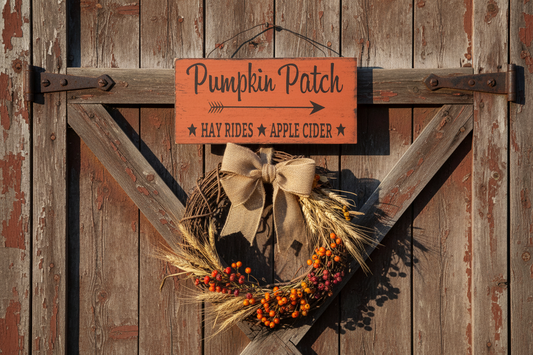 Autumn-themed wreath with a 'Pumpkin Patch' sign on a wooden door.