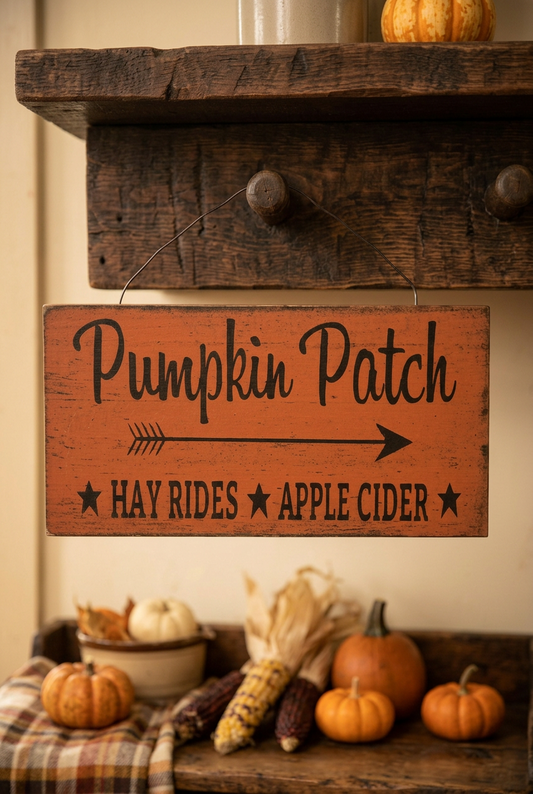 Wood sign that says pumpkin patch hay rides apple cider hanging from peg shelf with autumn decor underneath.