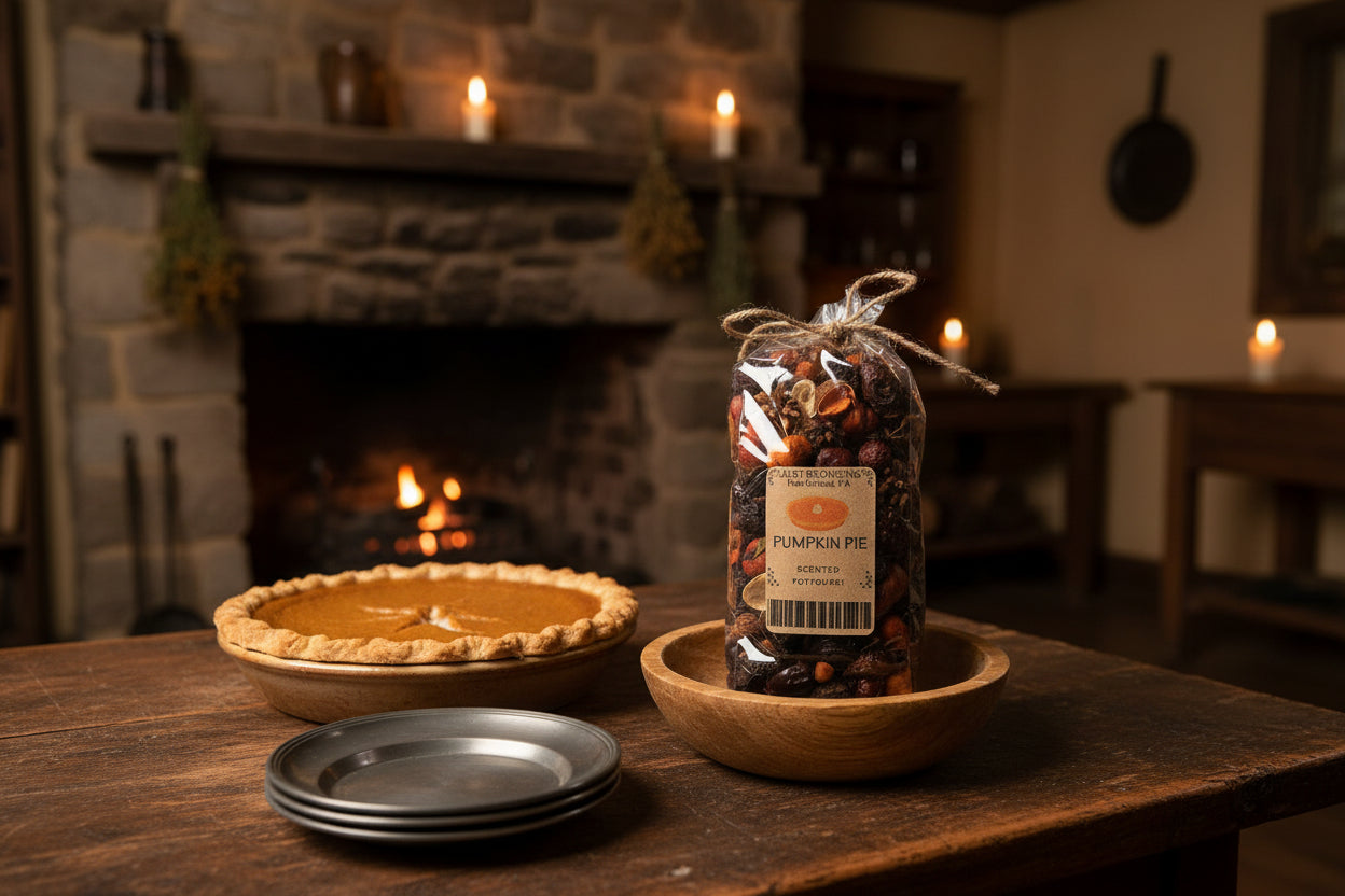 Potpurri in wooden bowl in colonial kitchen next to a pumpkin pie and pewter plates.