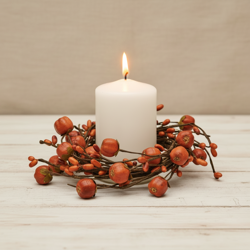 White candle in a decorative wreath with orange berries on a wooden surface