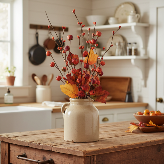 Decorative vase with autumn-themed flowers on a wooden kitchen island