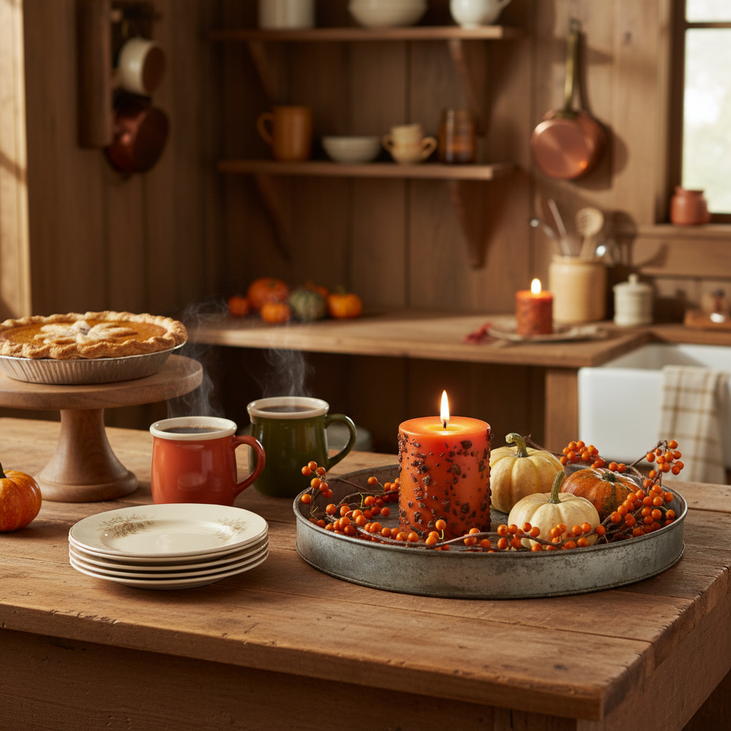 Autumn-themed table setting with pumpkins, candles, and a pie in a cozy kitchen.