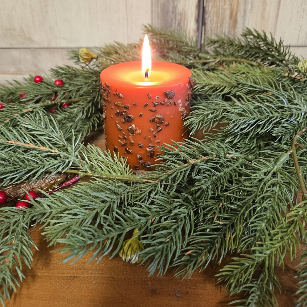 Red candle with decorative elements on a bed of green pine branches and red berries.