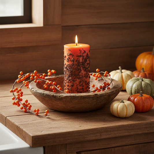 Decorative candle with berries in a wooden bowl on a wooden surface with pumpkins in the background.
