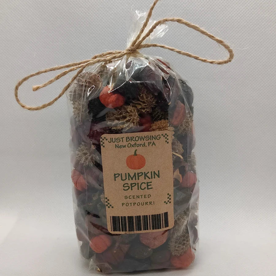 A clear plastic bag tied with twine, filled with dried autumn-themed potpourri including red berries, brown leaves, and beige grasses. A front label reads 'Just Browsing' and 'Pumpkin Spice Scented Potpourri'.