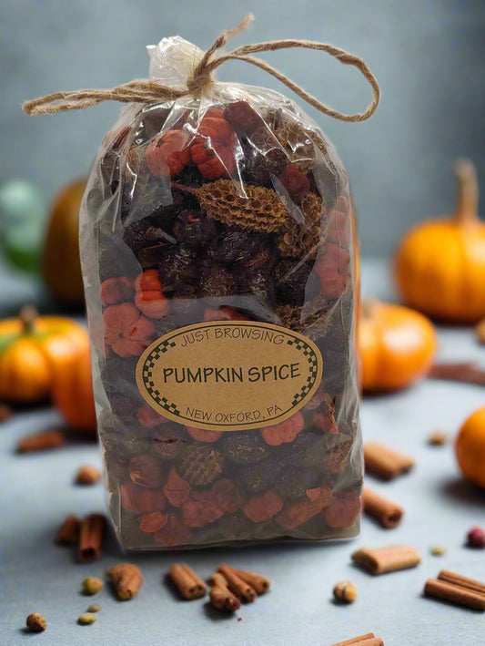 Bag of pumpkin spice decorations with a label on a white background