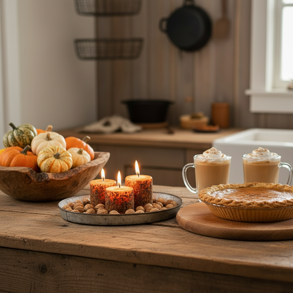 Burning votives in a kitchen setting with a pumpkin pie and mugs of coffee