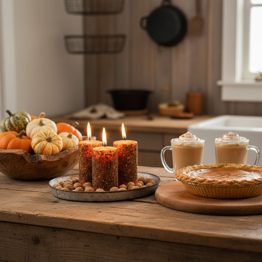 Burning votives in a kitchen setting with a pumpkin pie and mugs of coffee