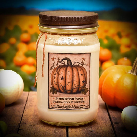 Mason jar candle with pumpkin label in front of pumpkins