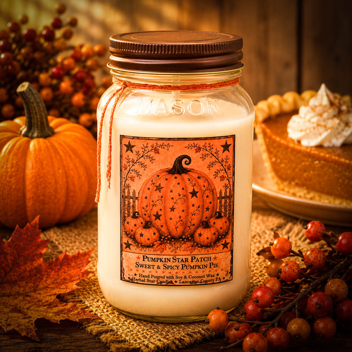 A mason jar candle with a brown lid and a decorative autumn-themed label reading 'Pumpkin Star Patch Sweet & Spicy Pumpkin Pie,' styled on a rustic table with pumpkins, berries, leaves, and a pie in the background.