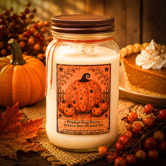 A mason jar candle with a brown lid and a decorative autumn-themed label reading 'Pumpkin Star Patch Sweet & Spicy Pumpkin Pie,' styled on a rustic table with pumpkins, berries, leaves, and a pie in the background.