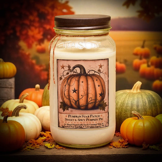 Candle jar with pumpkin-themed label in front of pumpkins and autumn scenery