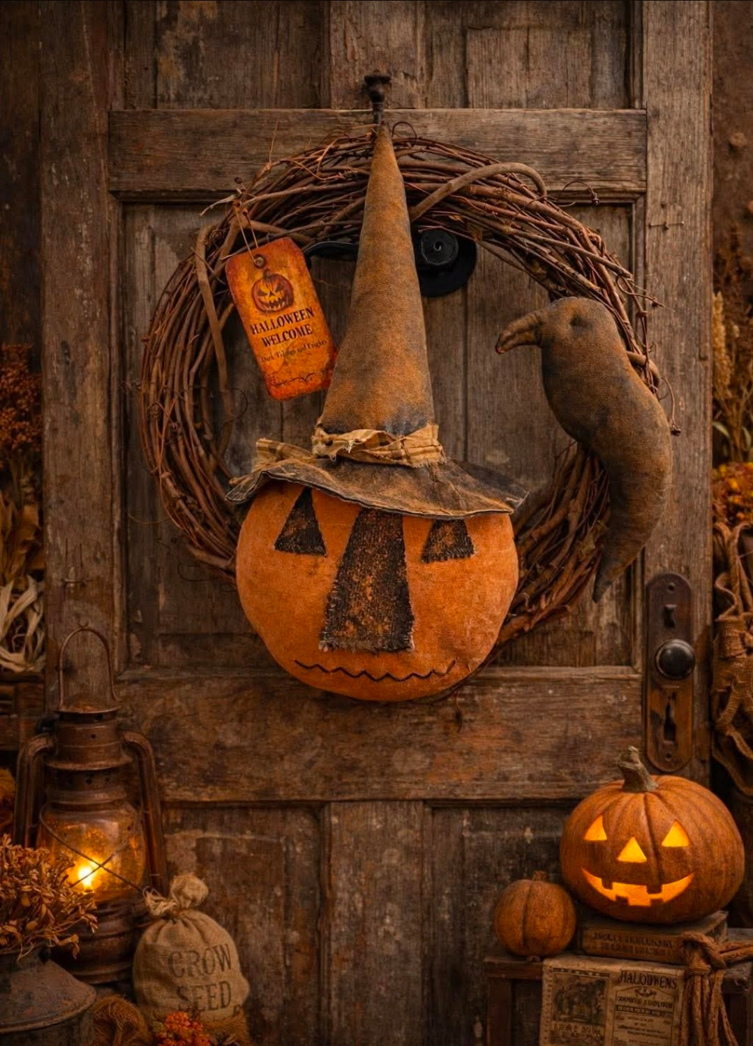 A rustic Halloween wreath hanging on a weathered wooden door, featuring a carved orange pumpkin face, a tall pointed witch hat, a small hanging tag, and a brown raven decoration.