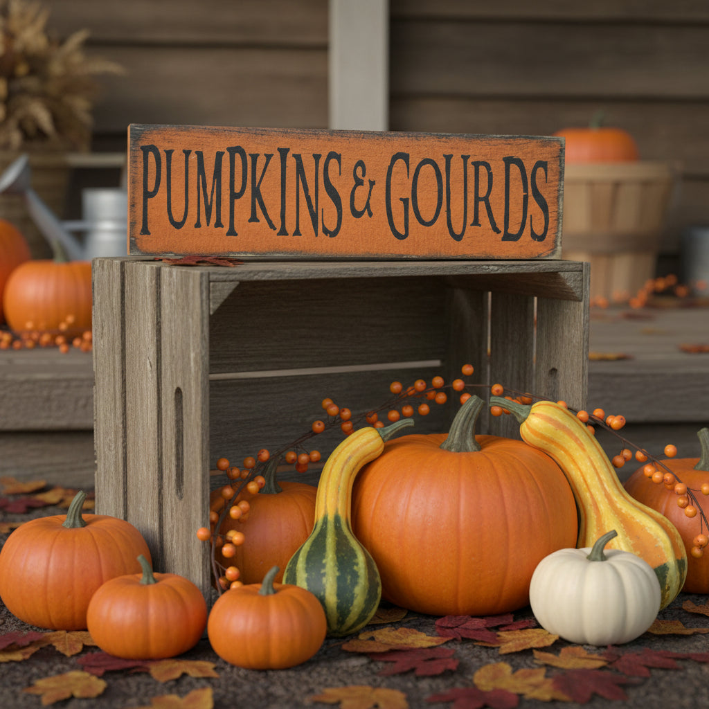 Wooden sign with 'Pumpkins & Gourds' text on a rustic wooden surface