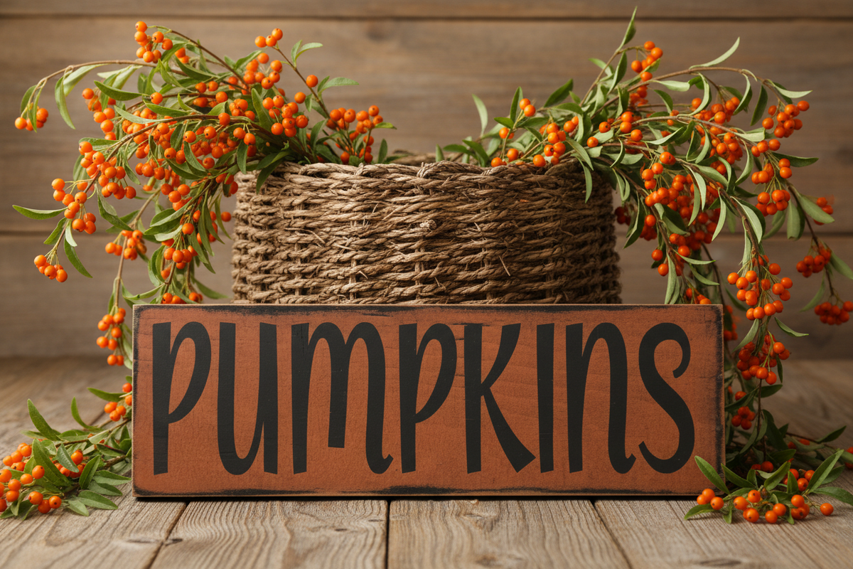 A rustic wooden sign reading “pumpkins” in black script, placed in front of a woven basket filled with orange pumpkins and green leaves, set on a wooden surface against a wood plank background.
