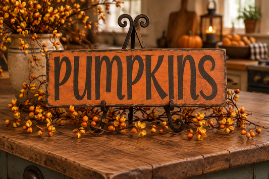 A rustic wooden sign reading “pumpkins” in black script, displayed on a wooden table in a cozy autumn kitchen setting with pumpkins, berries, and a lantern in the background.