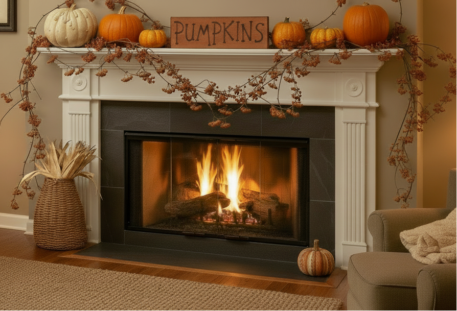 Fireplace with pumpkin decorations and a 'Pumpkins' sign.