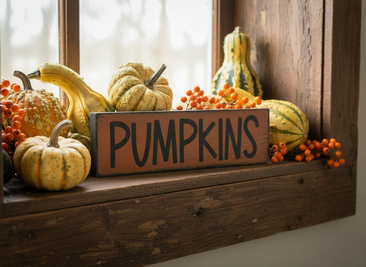 Decorative display of pumpkins and gourds with a 'PUMPKINS' sign on a wooden surface.