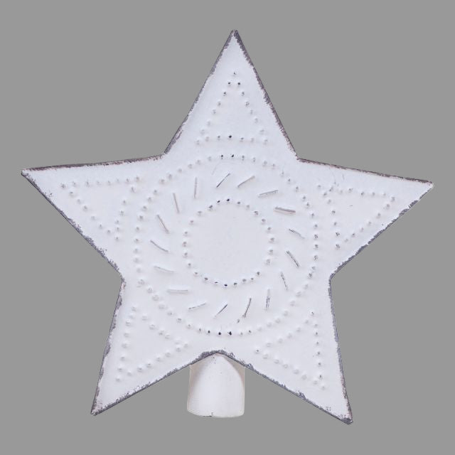 A rustic white punched tin star tree topper with a solid metal design, displayed against a white background.