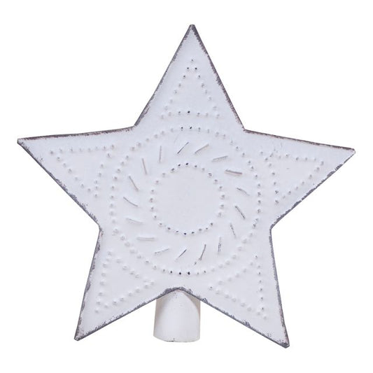 A rustic white punched tin star tree topper with a solid metal design, displayed against a white background.
