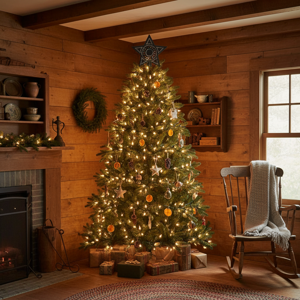 Decorated Christmas tree in a cozy living room with wooden walls and a fireplace.