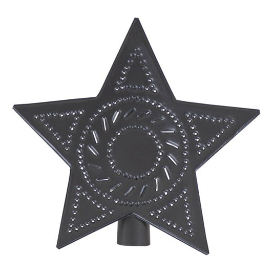 A smokey black tin star tree topper with punched designs and a solid metal structure.