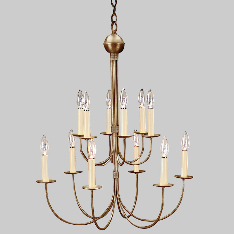 Bronze chandelier with multiple candle-style lights on a white background