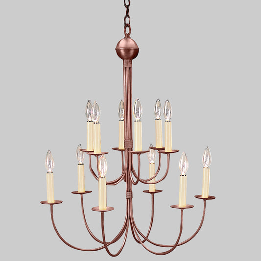 Bronze chandelier with multiple candle-style lights on a white background