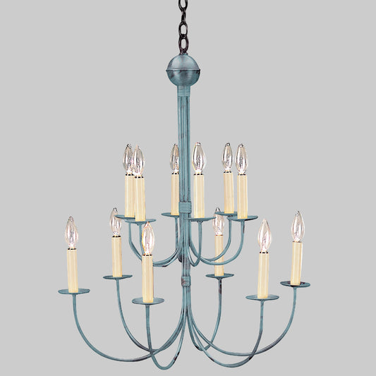 Blue chandelier with multiple candle-style lights on a white background