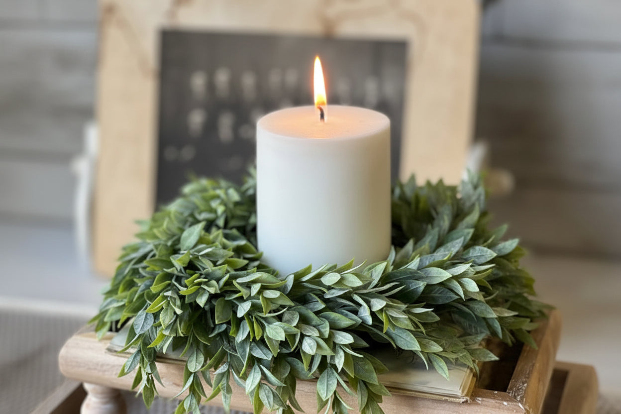 White candle in a green wreath on a wooden surface with a blurred background