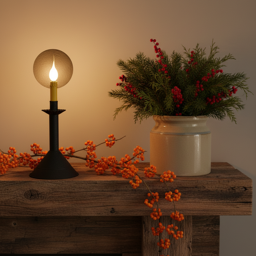 Decorative setup with a lit candle, potted plant, and orange berries on a wooden surface.