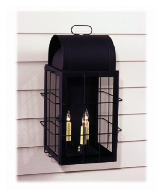 Black copper wall light with a unique design, mounted on a wall bracket, featuring a glass door and two visible candle-like light sources inside.