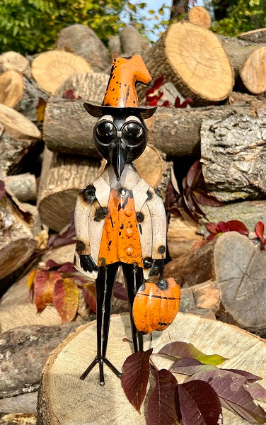 Decorative figure of a crow in an orange hat and coat standing on a log with pumpkins.