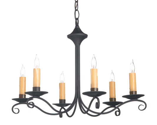 6 arm wrought iron chandelier with candle sleeves resembling beeswax