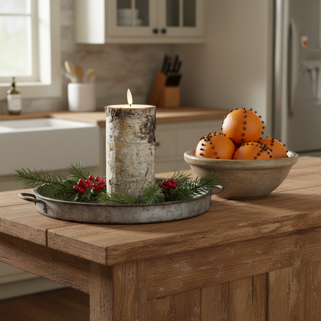 Decorative setup with a candle, bowl of oranges, and festive elements on a wooden table in a kitchen.