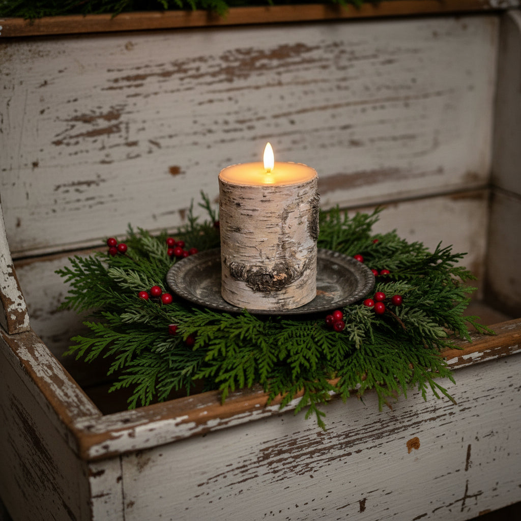 Candle in a rustic setting with greenery and berries on a wooden surface