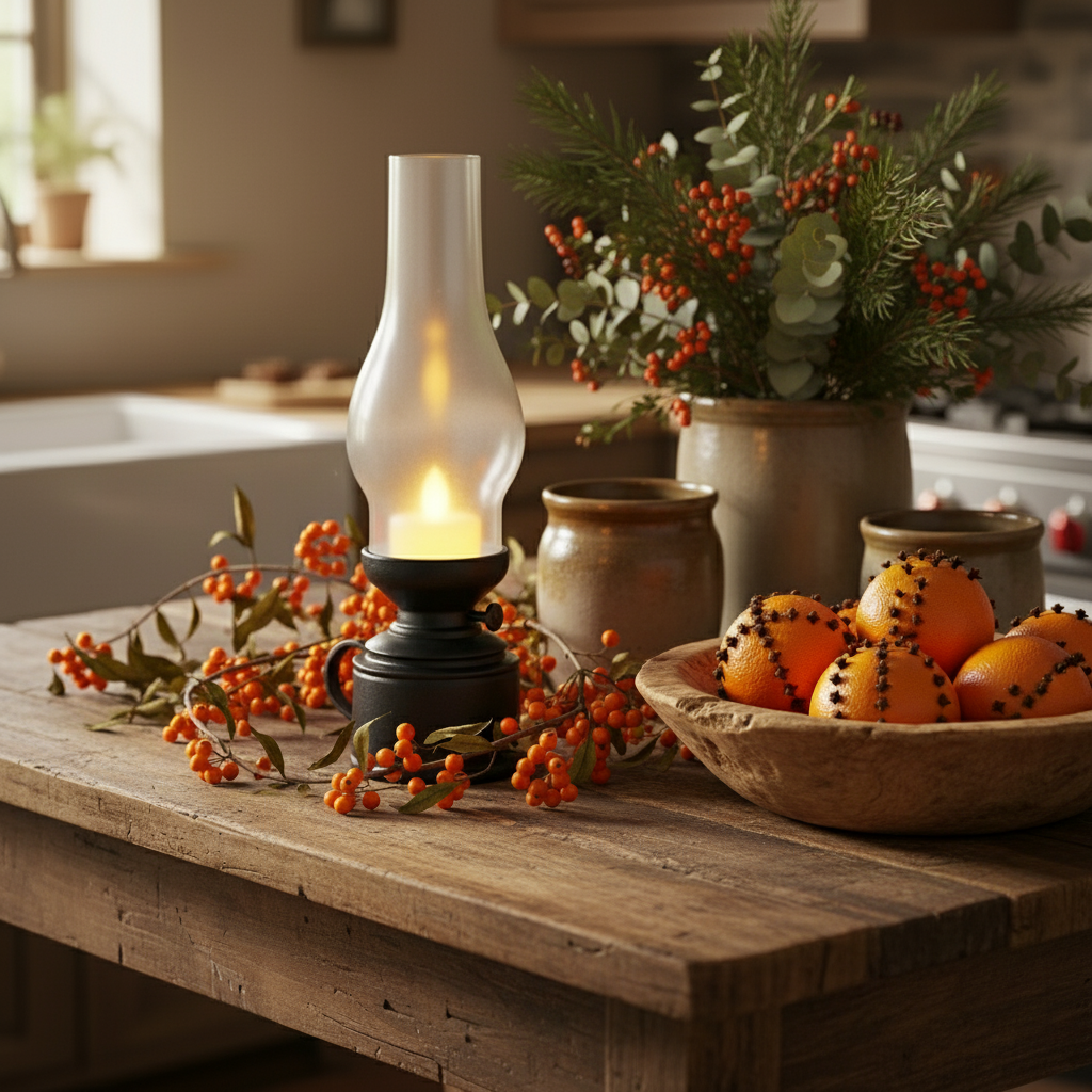 Decorative setup with a lit lantern, bowl of oranges, and potted plants on a wooden surface.