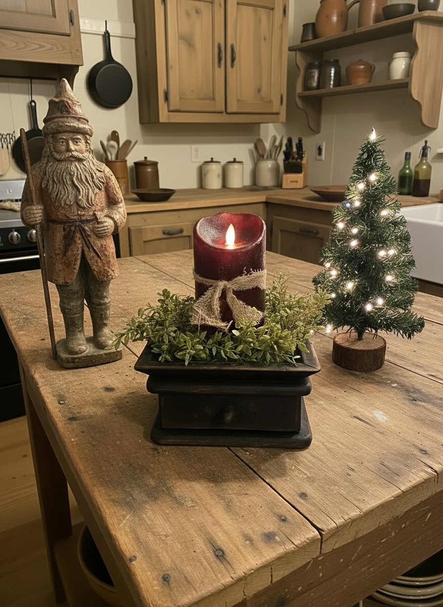 Battery operated candle on butcher block table with tree and Santa.