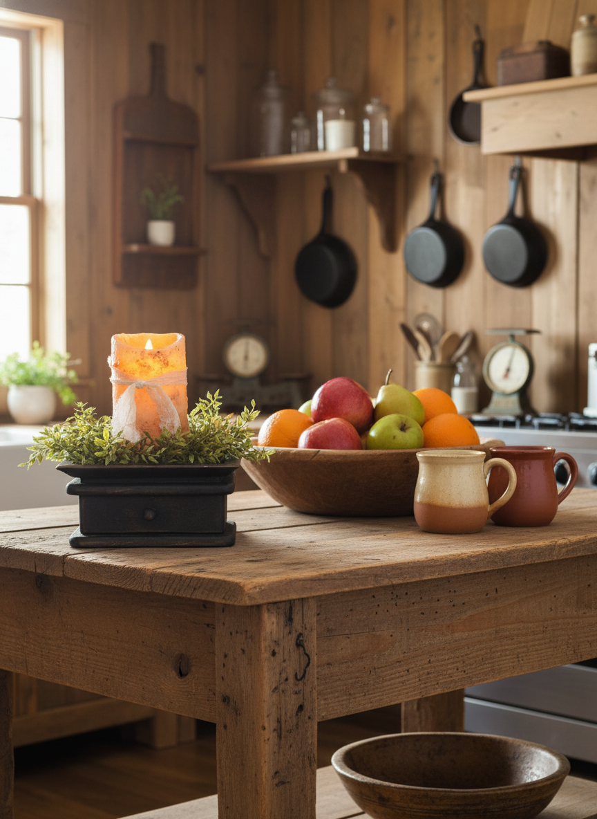 Wooden table with a bowl of fruit, candle, and mugs in a rustic kitchen.