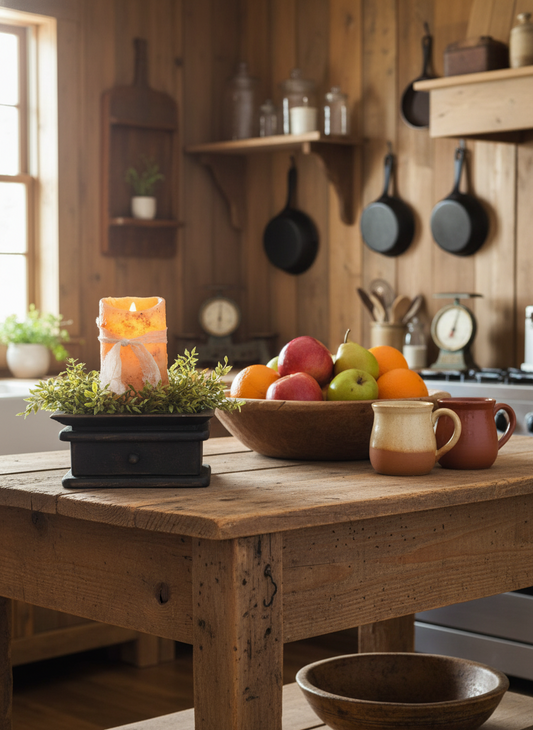 Wooden table with a bowl of fruit, candle, and mugs in a rustic kitchen.