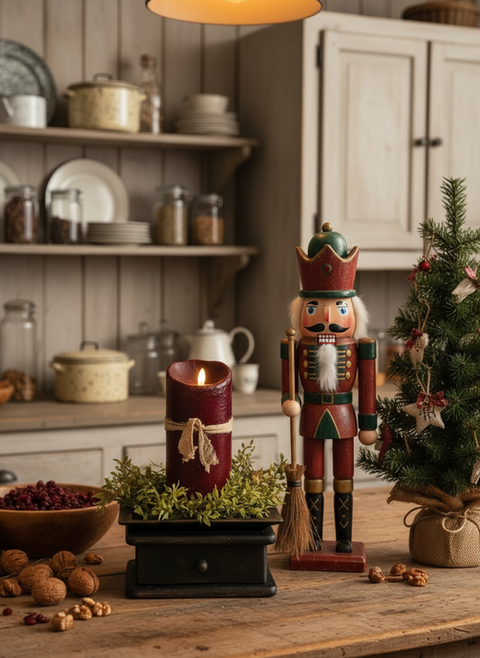 Decorative nutcracker figure on a wooden table with a Christmas tree and candles in a rustic kitchen.