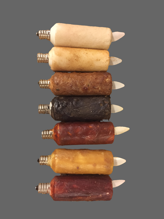 A collection of moving flame bulbs in various colors including ivory, burnt ivory, brown, black, burnt orange, mustard, and burgundy, displayed vertically.