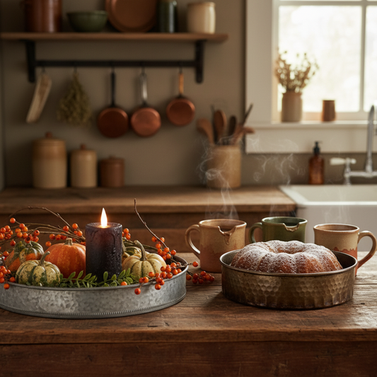 Autumnal kitchen scene with pumpkins, berries, and a bundt cake on a wooden table.
