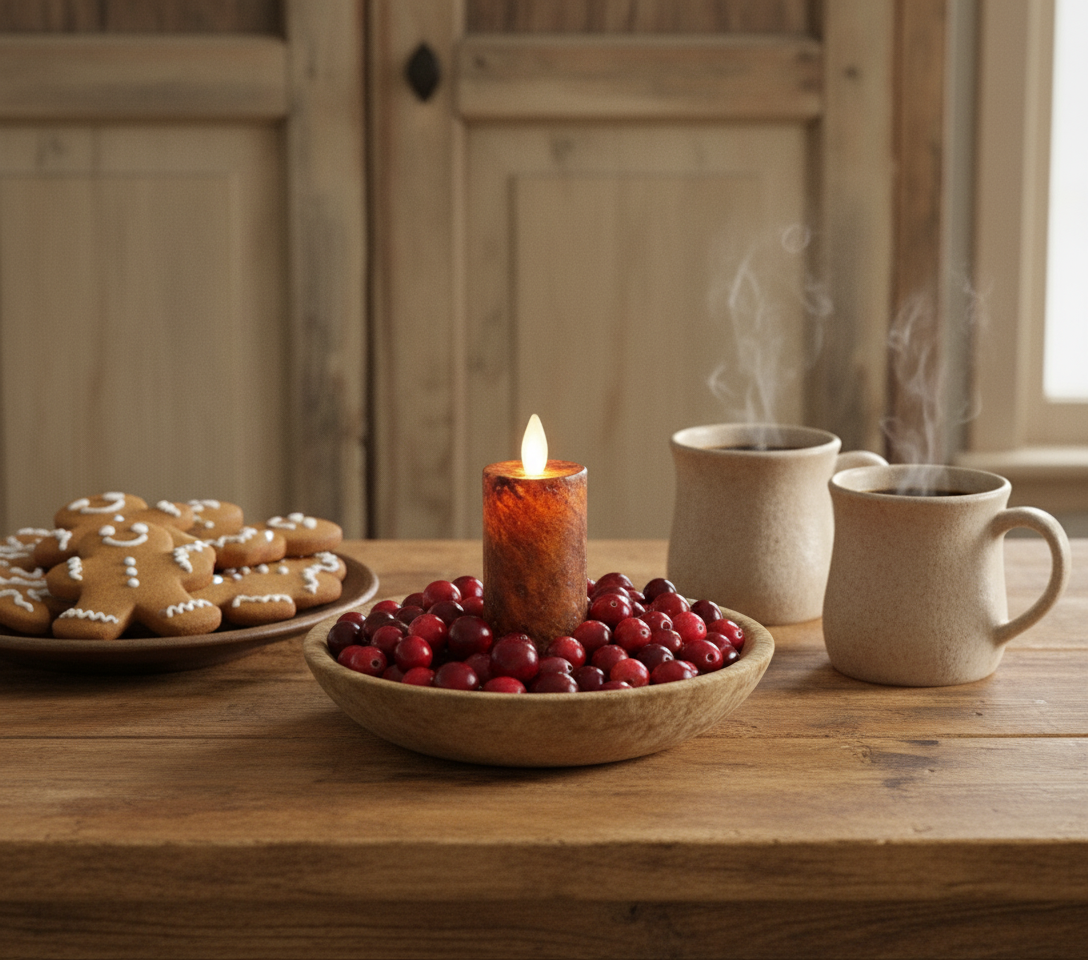 Candle, bowl of berries, and cookies on a wooden table with a warm ambiance.